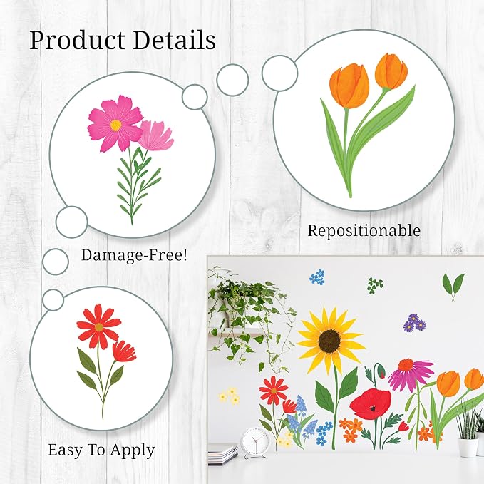 Wildflower Wall Decals - Set of 33 Vinyl Flower Room Decor Peel and Stick Removable Floral Stickers for Nursery Bedroom Bathroom - Image 2