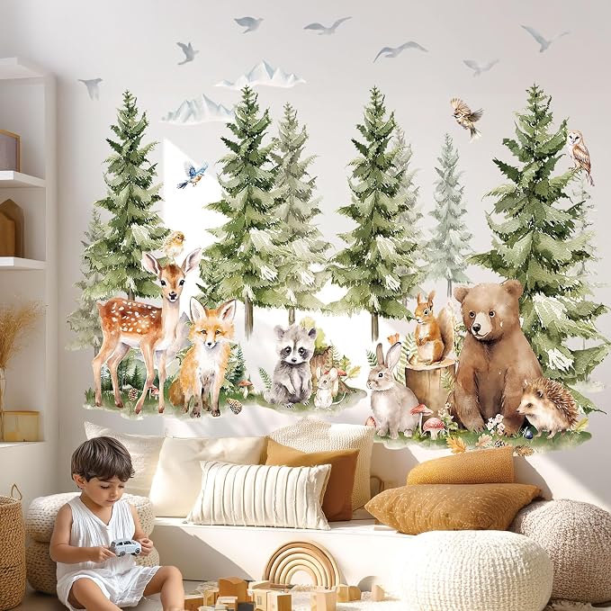 DECOWALL Large Watercolor Pine Tree Woodland Animals Wall Decals (SG4-2422) - Image 2