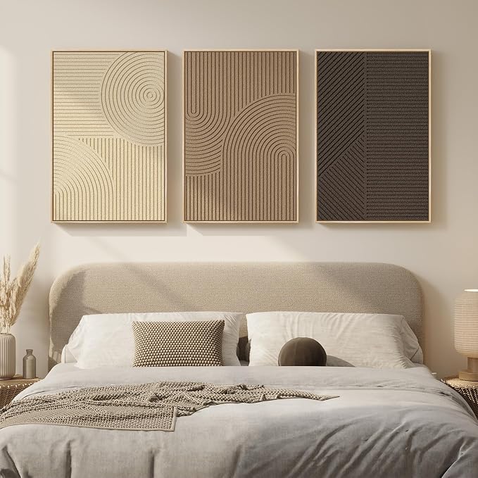 Large 3D Framed Neutral Abstract Wall Art Set of 3, Modern Artwork 20x30 In | Solid Wood Frame, Textured Paintings, Beige Brown Tan Geometric Sculptural, Pictures Wall Decor Living room Bedroom Office - Image 4