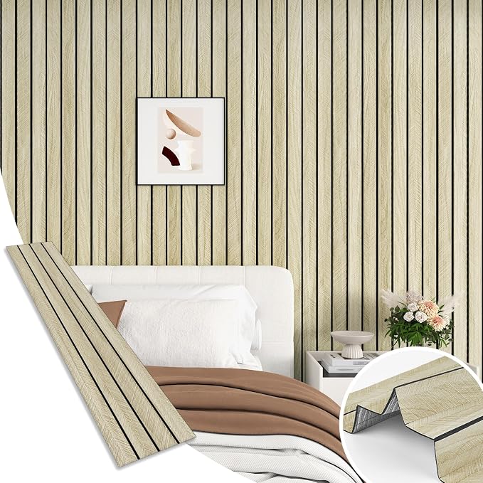 Light Oak Wood Slat Wall Panel Peel and Stick 3D Foam Wood Slat Wallpaper Removable Self Adhesive Wooden Contact Paper for Cabinets Bedroom Accent Wall Living Room Interior Decor 16.8"x118" by Wallderful