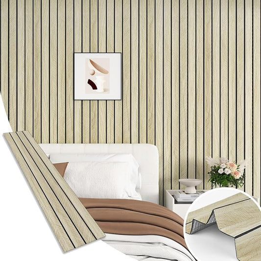 Light Oak Slat Wall Paneling 3D Foam Fluted Wood Slat Wallpaper Peel and Stick 16.8"x196" Acoustic Panels for Interior Wall Removable Wood Contact Paper for Living Room Cabinets Bedroom by Wallderful