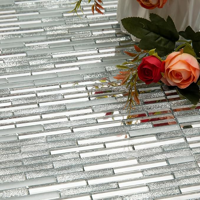 Lovdeco Peel and Stick Mirror Strip Mosaic Tile, Silver Crystal Tile for Kitchen Backsplash, 12" x 10", 5 Pieces, 4 SQ.FT. - Image 4