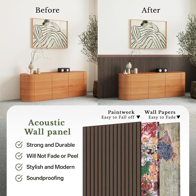 MISSDAY Wood Slat Acoustic Wall Panels, 2 Packs 47.2" x 23.6" Dark Walnut Soundproof Panel For Interior Wall Decor Noise Absorbing-3D Textured Wooden Panel Sound-Absorbing for Home, Office, Studio - Image 4