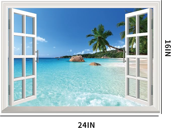 FLFK Fake Window Wall Sticker - Summer Beach Faux Window Wall Mural for Wall Decor, Stick and Peel Wall Decals,16"x24" - Image 5