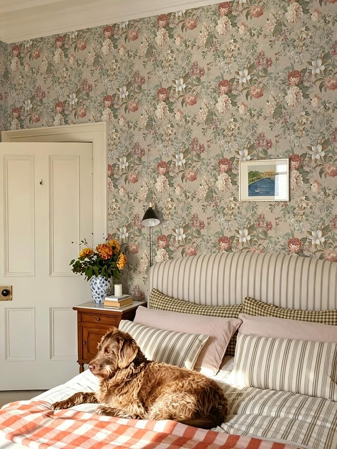 Peel and Stick Wallpaper for Bedroom Vintage Red Floral Self-Adhesive | 393"×17.3" Peony French Country Wallpaper Vintage Accent Wall Decor with Grid Lines for Nursery Bathroom Vinyl Waterproof - Image 7