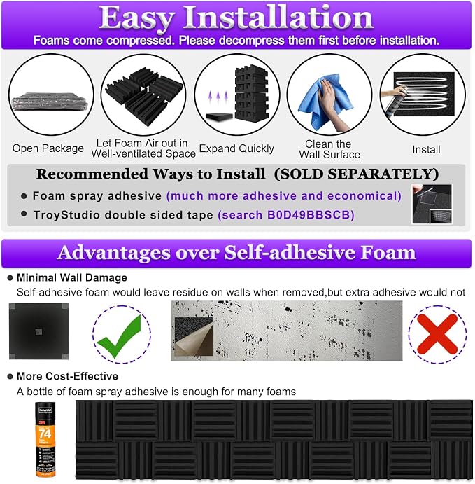 TroyStudio Thick Acoustic Sound Proof Foam Panels, 12 X 12 X 4 Inch 12 Pcs Broadband Sound Absorbing Foam, Dense Soundproofing Tile, Recording Studio Foam Absorber, Decorative 3D Wall Ceiling Panel - Image 6