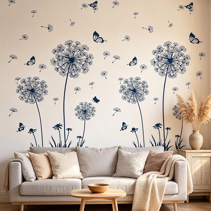 Arawat 2 Set Dandelion Wall Decals Peel and Stick Blue Dandelion Wall Stickers Large Floral Wall Stickers & Murals Flower Wall Decals for Living Room Bedroom Bathroom Restroom Roommates Vinyl Wall Art - Image 2