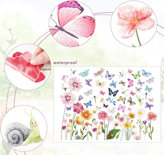 80 Pieces Flowers Butterflies Wall Decals Chrysanthemums Dragonflies Wall Sticker Flowers Peel and Stick Art Removable PVC Garden Decal for Kids Room Nursery Classroom Bedroom Decor, Colorful - Image 3
