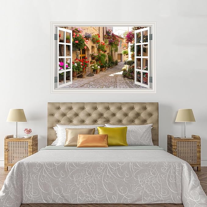 Fake Window Wall Decals Spring Italy Rose Alley Flower Wall Art Sticker | ｜Faux Window Natural Scenery Landscape Mural ｜ Stick and Peel Wall Decal｜for Room Bedroom Office Scene Picture Decor｜24"x16" - Image 7