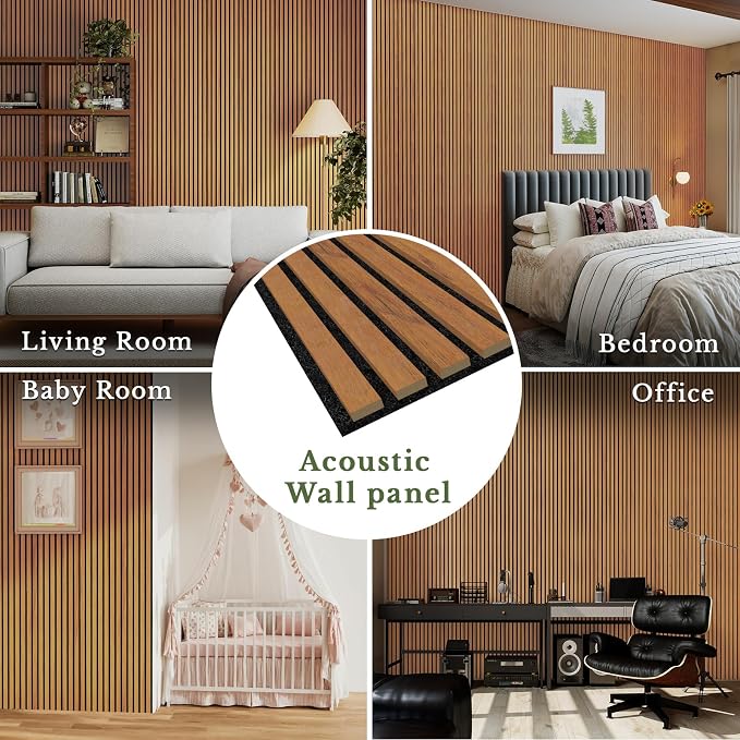 MISSDAY Wood Slat Acoustic Wall Panels, 4 Packs 47.2" x 23.6" Teak Soundproof Panel For Interior Wall Decor Noise Absorbing-3D Textured Wooden Panel Sound-Absorbing for Home, Office, Studio - Image 3