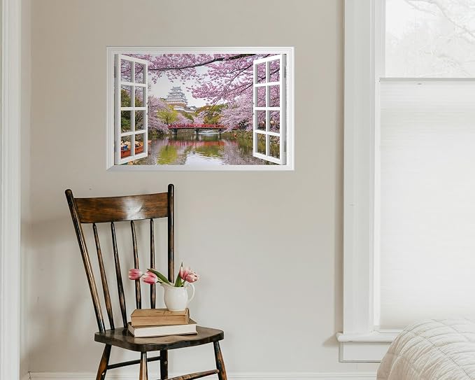 FLFK Fake Window Wall Decal - Cherry Blossom Faux Window Wall Mural for Wall Decor, Peel and Stick Wall Sticker,24"x16" - Image 4