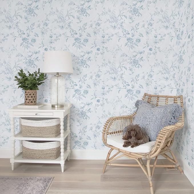 Ismoon Blue Wallpaper Peel and Stick Floral Vintage Stick on Wall Paper French Textured Contact Paper for Cabinet Removable Self Adhesive Wallpaper Vinyl Roll Shelf Deco, 17.3x787in - Image 9