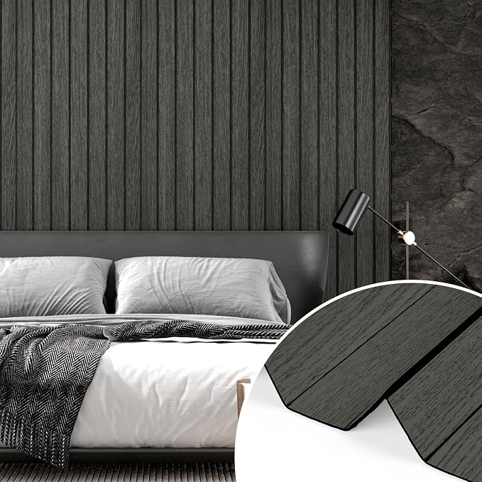 Wallercity Black/Grey Peel and Stick Wood Panels Removable 3D Wood Grain Slat Soundproof Wall Panel for Walls Self Adhesive Vinyl Wooden Fluted Wall Panels for Bedroom Bathroom RV Basement 11.8"x197" - Image 3