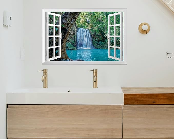 FLFK Fake Window Wall Decal - Waterfall and Lake in The Jungle Faux Window Wall Mural for Wall Decor, Peel and Stick Wall Sticker,24"x16" - Image 3