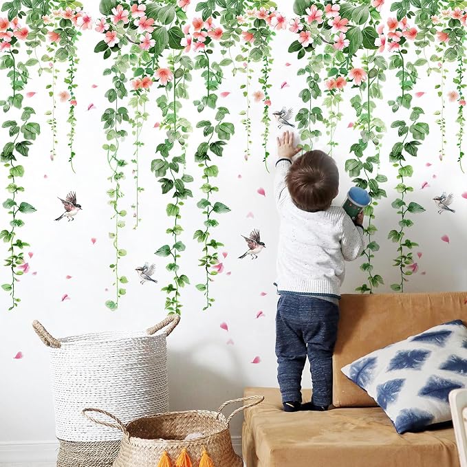 4 Sheets Green Plants Flower Wall Decals Hanging Vine Green Leaves Wall Stickers Watercolor Pink Flowers Wall Art Nature Removable Peel and Stick Wallpaper for Kids Bedroom Nursery Home Decoration 21 - Image 4