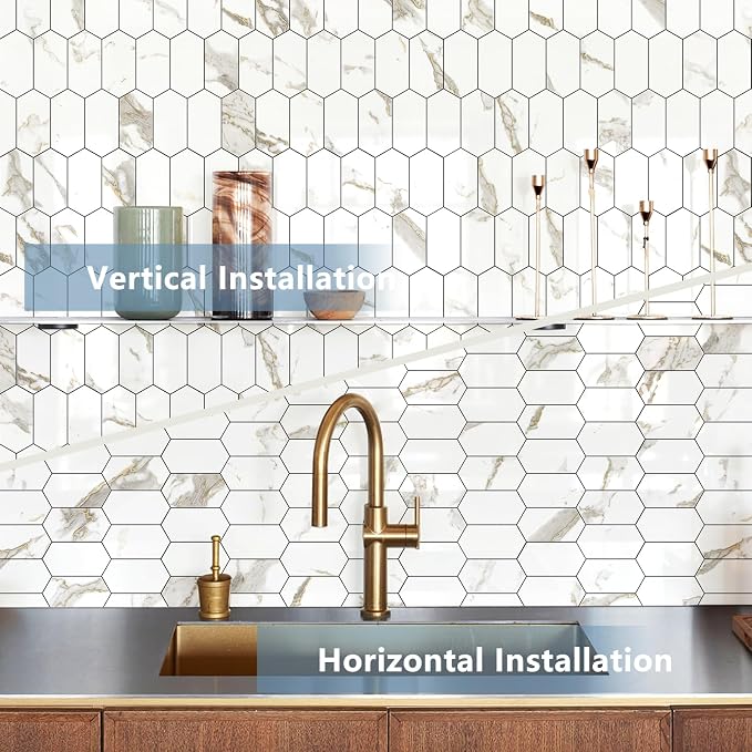 Vamos Tile Long Hexagon Peel and Stick Backsplash Tile - 10 Sheets Stick on Backsplash for Kitchen and Bathroom 12.4 x 12 Inch Glossy White Marble with Gold Veining PVC Self Adhesive Mosaic Wall Tiles - Image 3