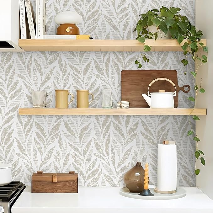 Safiyya 787"x17.3" Boho Peel and Stick Wallpaper Beige and White Wallpaper Leaf Self Adhesive Removable Wall Paper for Bathroom Bedroom Contact Paper for Walls Vinyl Roll - Image 5