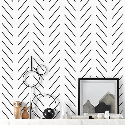 Orainege Black and White Peel and Stick Wallpaper Herringbone Contact Paper | for Bathroom 17.7in x 118.1in Modern Geometric Self Adhesive Wallpaper for Laundry Room Bedroom Vinyl Roll by Orainege