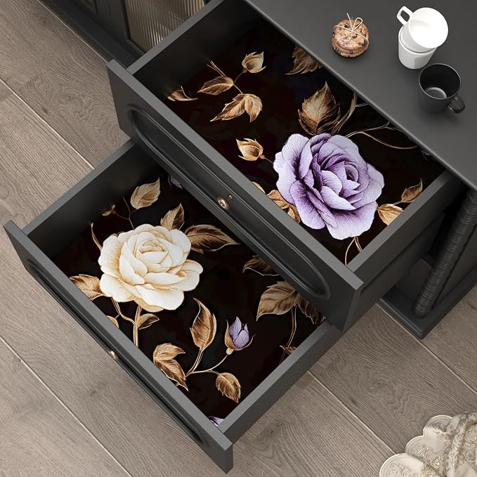 Laatse Dark Purple Gold Rose Floral Wallpaper Peel and Stick 17.5''x393'' | Self Adhesive/Removable/Waterproof/Thick Vinyl Contact Paper for Bathroom Bedroom Shelf Cabinet Drawer,Prepasted,Easy Peel - Image 5