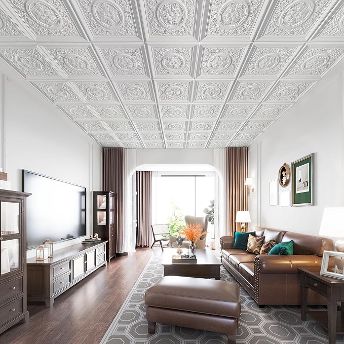WOWSTAR 12-Pack 24"x24" Drop Ceiling Tiles, Waterproof Glue up Vintage Style 3D Ceiling Tiles, White | PVC ceiling panels, 24"x24", waterproof, glue-up install, basement kitchen bathroom, 12-pack - Image 7