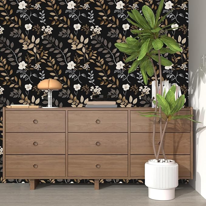 Laatse Floral Leaf Vintage Wallpaper Peel and Stick 17.5"x393", Black Gold | Self Adhesive/Removable/Waterproof/Thick Vinyl Contact Paper for Bathroom Bedroom Shelf Cabinet Drawer,Prepasted,Easy Peel - Image 2