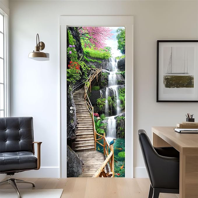 artfanke 3D Trestle Bridge Waterfall Door Sticker Peel and Stick 30.3"x78.7"- Self-Adhesive Door Murals Wallpaper - Waterproof Wall Decal for Bedroom Decor (2 Sheets/Set) by artfanke