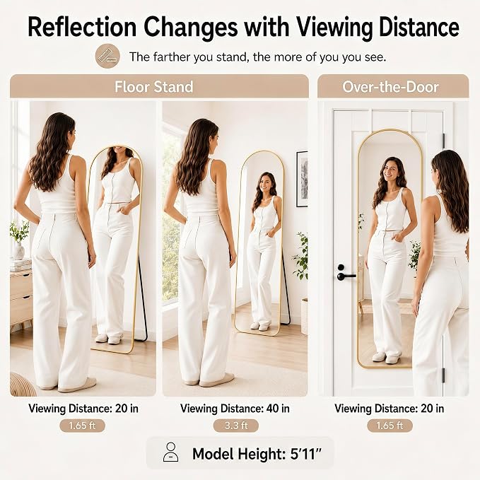 57x20" Full Length Mirror Floor Stand,Over the Door,Wall Mounted Gold - Image 4