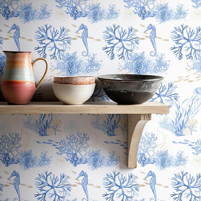 RUSPEPA Peel and Stick Wallpaper, Blue Ocean Theme with Coral Reef and Marine Life Design, Coastal Self-Adhesive Waterproof Contact Paper for Cabinet, Bathroom, Bedroom Decor, 17.3 Inch x 6.5 Feet by RUSPEPA