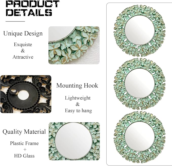 DXYAKY 3 Pack Floral Ornate Decorative Wall Mirror - Elegant Mint Green with Gold Accents, 9.8" Plastic Round Mirror Set, Lightweight Wall Art Décor for Bedroom, Bathroom, Living Room & Entryway - Image 4
