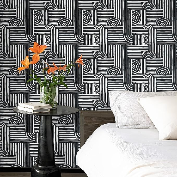 Livelynine Geometric Peel and Stick Wallpaper Black and White Modern Mid Century Geometric Abstract Wall Paper Contemporary Minimalist Lines 17.5x78.8 Geometric Pattern Contact Paper for Cabinets - Image 5