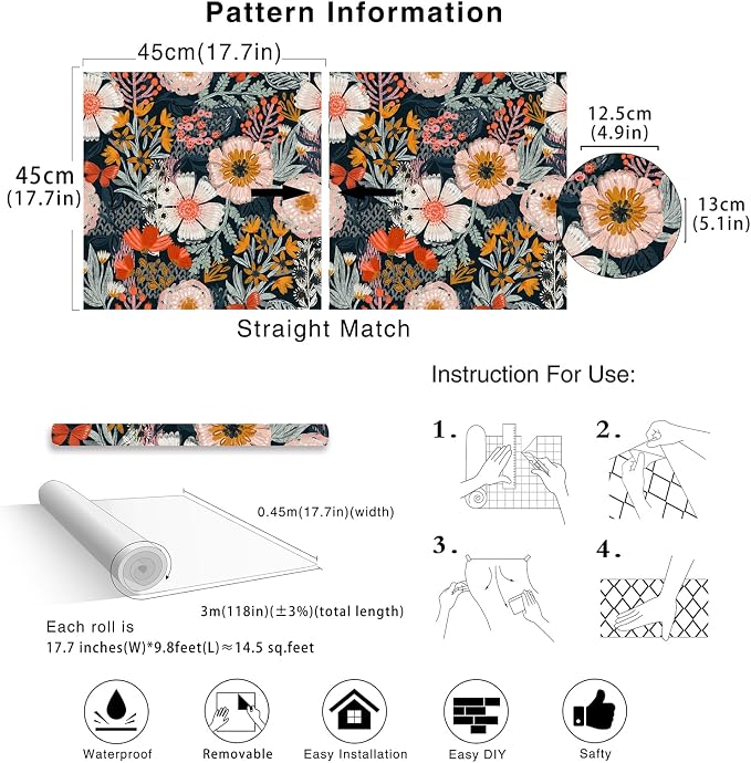 HAOKHOME Floral Wallpaper Peel and Stick Boho Pink Bathroom Contact Paper | Textured Navy Blue Orange Stick on Wall Paper Botanical Renter Friendly Removable Flower Bedroom Accent Decor 17.3in x 9.8ft - Image 7