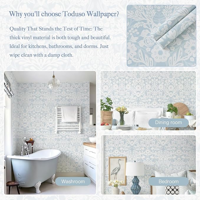 Toduso Blue Peel and Stick Wallpaper Floral Boho Wallpaper Modern Waterproof Contact Paper Removable Self Adhesive Wall Paper for Bedroom Bathroom Kitchen Cabinet Decor Vinyl Roll 17.3" x 393.7" - Image 7