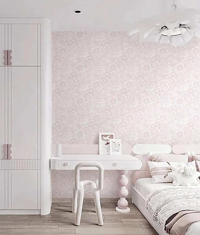 Peel and Stick Wallpaper Boho Pink and White Floral Wallpaper for Bedroom Bathroom Removable Self-adhsive Contact Paper for Cabinets Nursery Shelf Liner 17.3" x 394" - Image 5