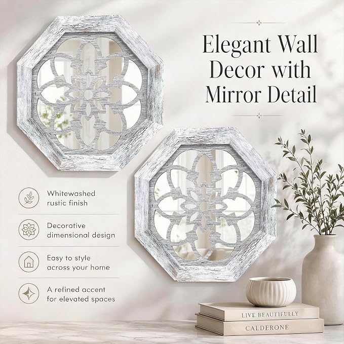 2 Pack 12 Inch Octagon Grey Rustic Wood Frame Acrylic Wall Mirrors, Farmhouse Boho Wall Art Decor for Living Room, Bedroom, Hallway, Entryway, Bathroom & Office - Image 8