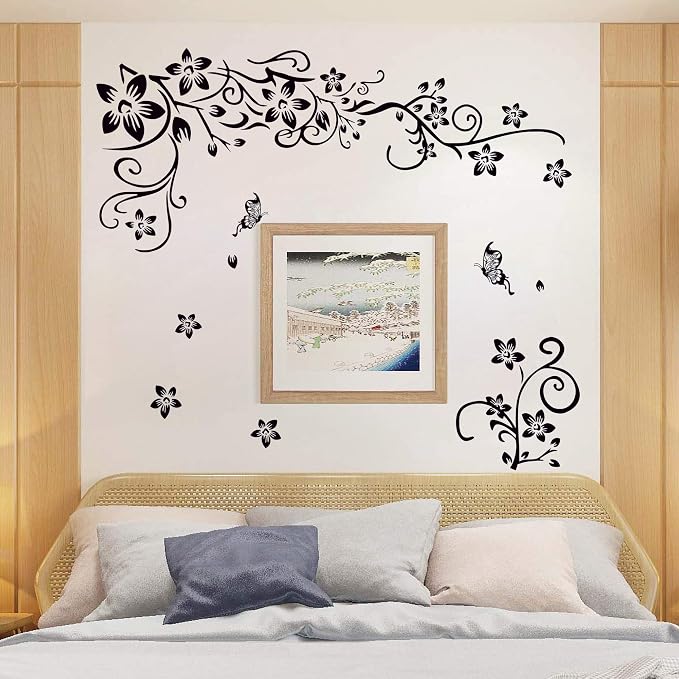 Removable Vinyl Black Flowers and Flower Vines Wall Decals DIY Home Art Decor Decorative Wall Sticker Murals for Kids Bedroom Living Room Tv Sofa Background Offices Wall Decorations - Image 2