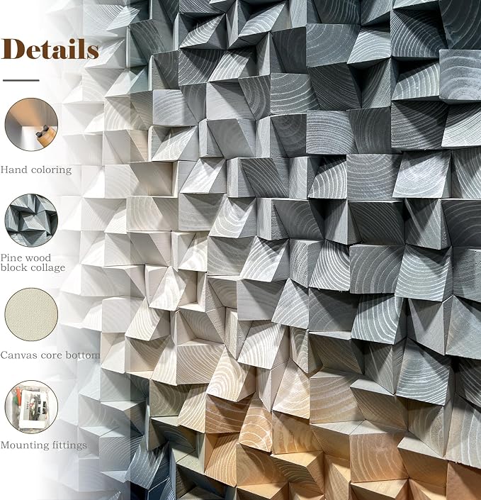 LIUZEYUE Angled Cube Pattern, Modern Wall Decor in Pine, 3D Wooden Decor | wooden wall decor; charcoal and ivory, high-impact wall presence; dining room buffet-wall accent; 27.6 x 55.1 in - Image 3