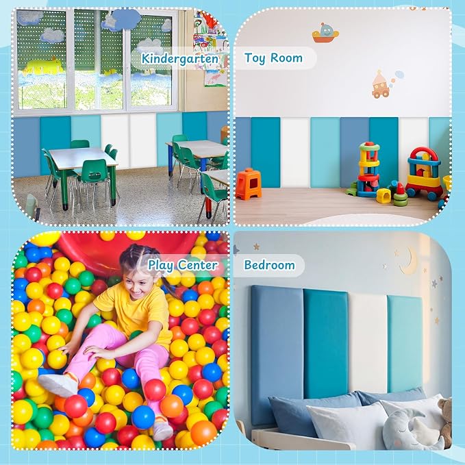 Hahafelt 8 Pack Wall Padding for Playroom Peel and Stick Headboard 23.62" x 11.81" x 1.18" 3D Anti Collision Upholstered Wall Panels Self Adhesive Headboard Panel for Protection (Blue Colors) - Image 6