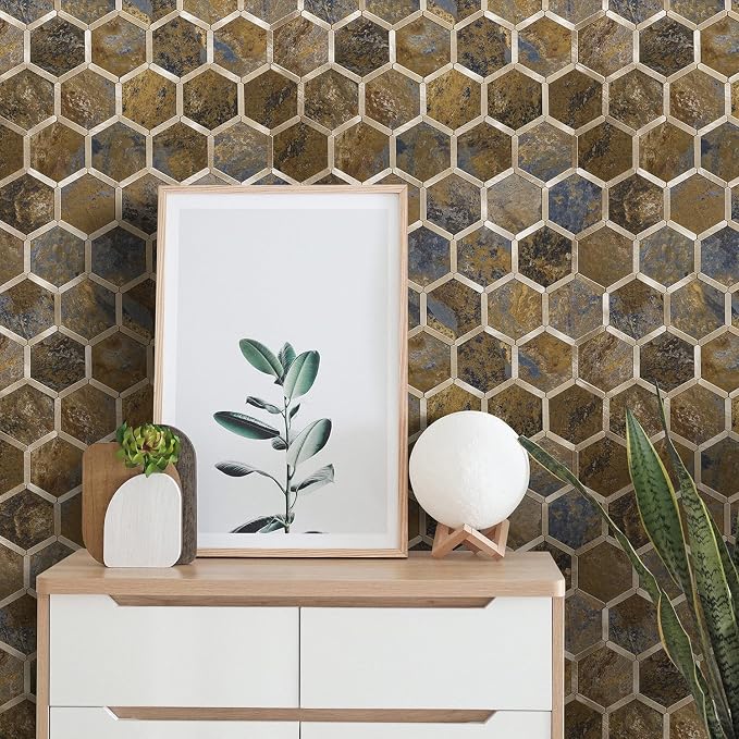 STICKGOO Hexagon Peel and Stick Backsplash Tile, Stick on Backsplash for Kitchen and Bathroom, Rust Slate Look PVC Mixed Metal Gold Self Adhesive Metal Mosaic Tiles(10 Sheets, Seamless) - Image 6