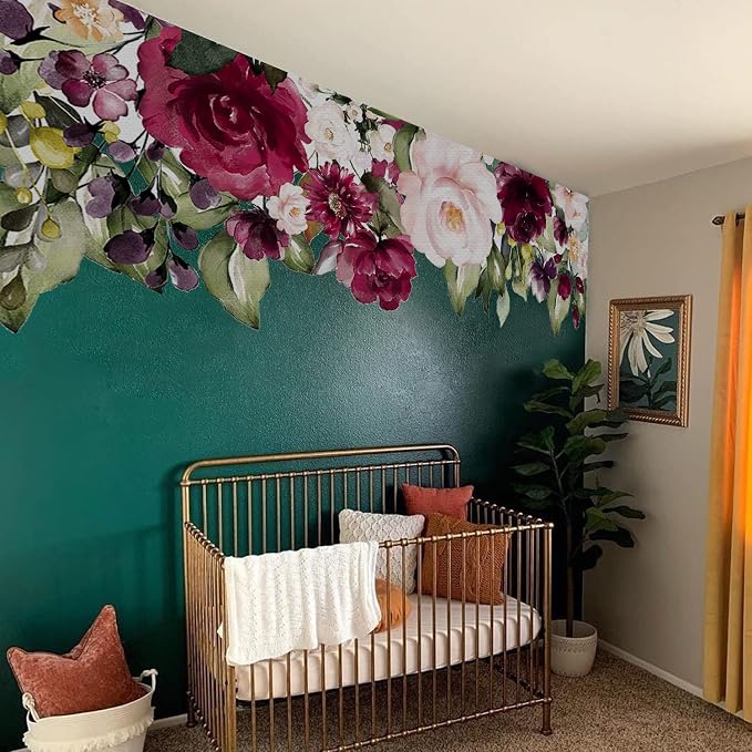 Large Peel and Stick Floral Bouquet Wall Decals Flowers Wall Stickers for Living Room Bedroom Accent Wall Decor, Burgendy Pink Rose Garden by Flortlias