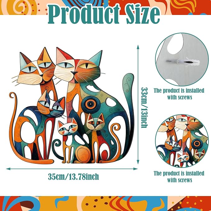 Wesiti Cat Wall Art Metal Decor 13.7x13 Inch Colorful Retro Mid Century | Iron Wall Sculpture, Cat Lover Gift, Bathroom Bedroom Kitchen Office Decor, Colorful Cat Pictures Artwork - Image 2