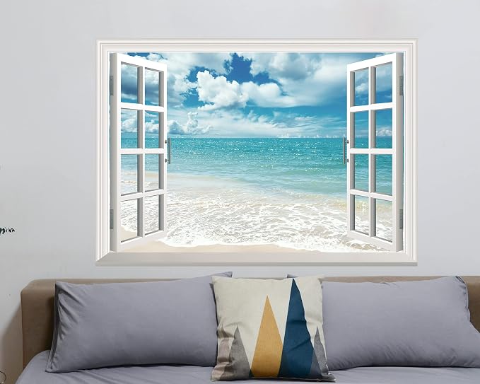 FLFK Fake Window Wall Sticker - Summer Beach 48"x32" Split into 2 Pieces | Peel and Stick Faux Window Wall Mural for Wall Decor - Image 7