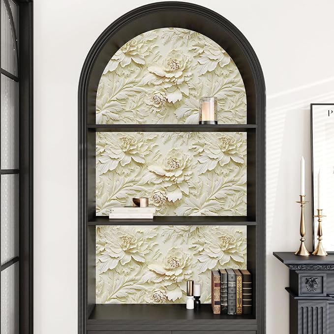 3D Embossed Wallpaper Peel and Stick Cream Floral Contact Paper | Nature Peony Flower Wallpaper Flat Printed Faux Sculpted Floral Sticker for Living Room Bedroom Bathroom Mural 17.5"x102" - Image 5