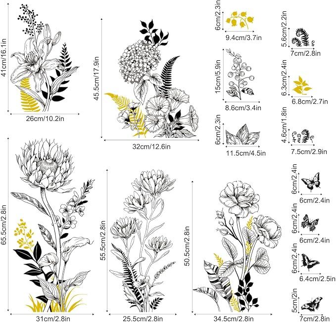 Black Yellow Flower Wall Decals, 3 Sheets Sketch Garden Floral Wall Stickers Simple Line Wildflower Grass Butterflies Art Decor Bedroom Bathroom Hallway Sofa Gifts for Mom(11.8x35.4 in/Sheet) - Image 4