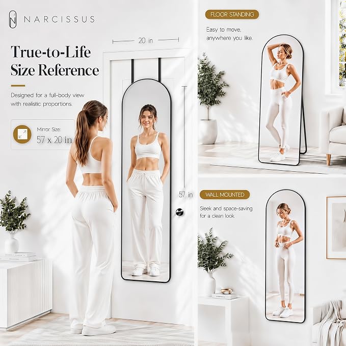 NARCISSUS Full Length Mirror 57x20 Inch, Over The Door Mirror with Stand, Wall Mounted or Freestanding/Door Hanging Full Body, Aluminum Alloy Frame, Black - Image 3