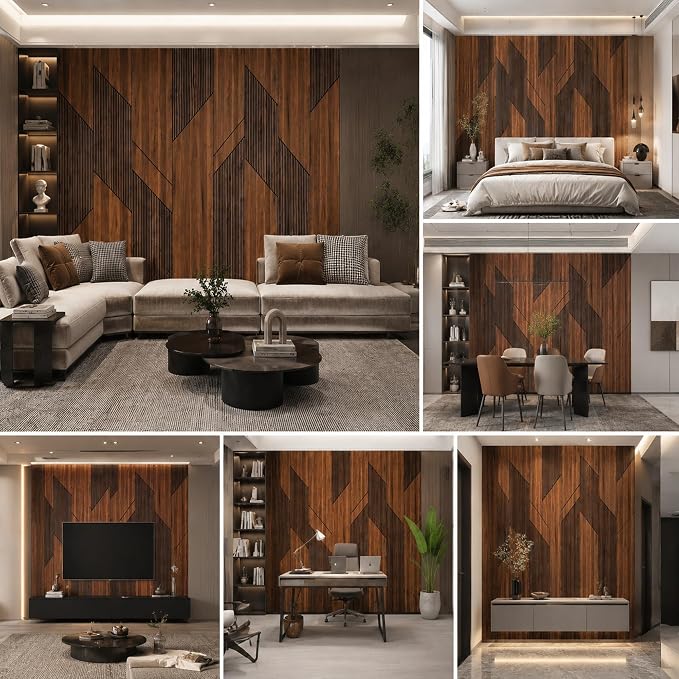 106” x 15.7” Canyon Walnut 3D Wood Wall Panels, Peel and Stick Self-Adhesive Wall Panels for Interior Accent Walls, Waterproof WPC Wall Panels, Covers 92 Sq. Ft. (Set of 8) - Image 6