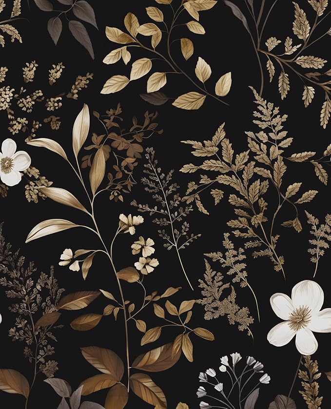 Laatse Floral Leaf Vintage Wallpaper Peel and Stick 17.5"x118", Gold Black | Self Adhesive/Removable/Waterproof/Thick Vinyl Contact Paper for Bathroom Bedroom Shelf Cabinet Drawer,Prepasted,Easy Peel by Laatse