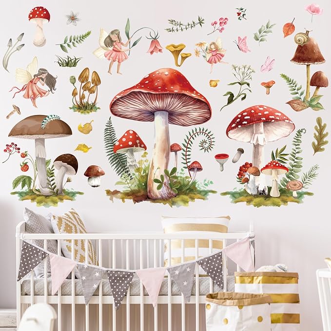 Wxiben Fairy Wall Stickers Decor, Mushroom Wall Decals Room Decor | Removable, Floral Wall Murals, Peel and Stick, for Bedroom Nursery Playroom Living Room Wall Decor by Wxiben