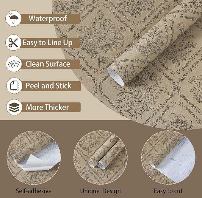 Toduso Vintage Peel and Stick Wallpaper Brown Floral Wallpaper for Kitchen Boho Neutral Contact Paper Removable Waterproof Self Adhesive Wall Paper for Bathroom Bedroom Drawer Decor Vinyl 17.3"x196.8" - Image 2