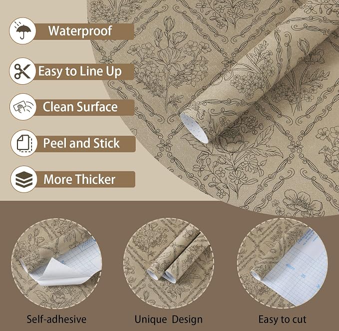 Toduso Vintage Peel and Stick Wallpaper Brown Floral Wallpaper for Kitchen Boho Neutral Contact Paper Removable Waterproof Self Adhesive Wall Paper for Bathroom Bedroom Drawer Decor Vinyl 17.3"x78.7" - Image 2