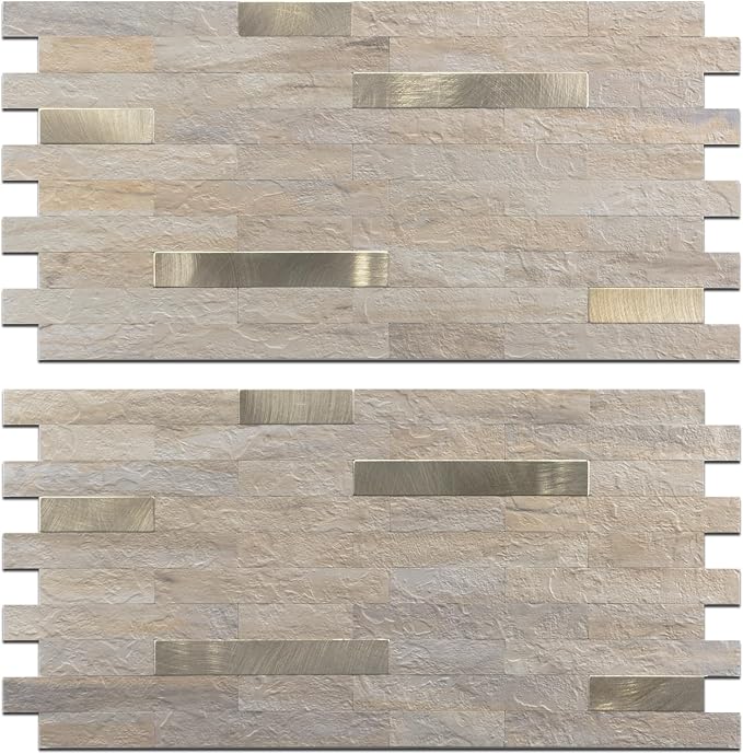 StyloVue 2 Sheets Kitchen Peel and Stick Backsplash Tiles, Beige with Metal Gold Look Stick on Backsplash for Kitchen, RV, Fireplace by StyloVue